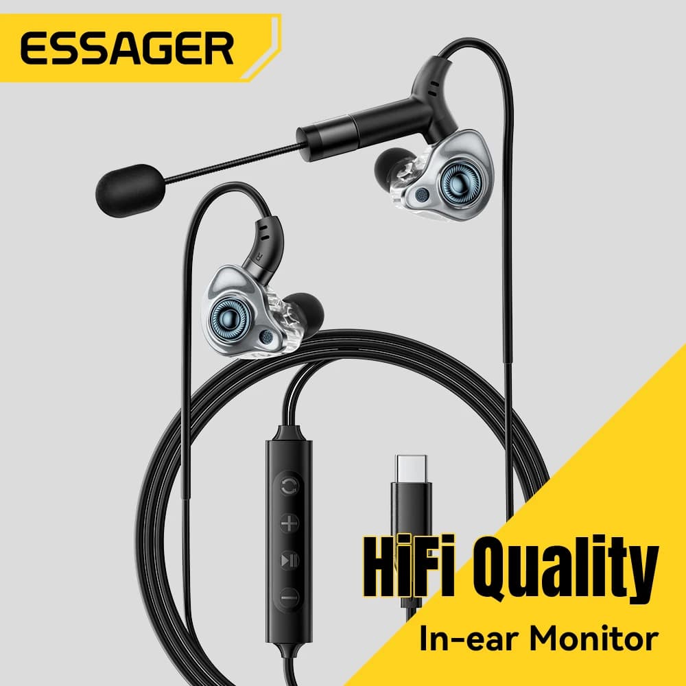 Essager Type-C Karaoke Earphones With Built-in Sound Card HiFi Stereo Music Wired Earbud Headset With Mic for Singing/Live/Game