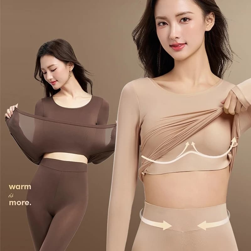 FINETOO Thermal Underwear Set Built‑in Bra Pads Seamless Thin Warm Long High Elasticity Ladies Winter Thermal Suit No Wear Bra