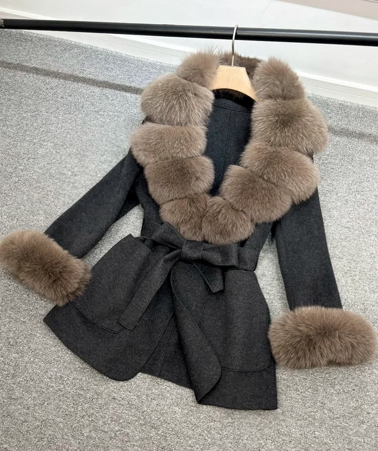 Lagabogy 2025 Large Natural Fox Fur Collar Cuffs Winter Cashmere Wool Blends Women Slim Fit Suit Double Sided Woolen Trench Coat