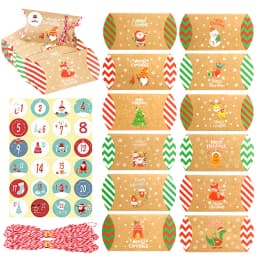 24Sets Pillow Shape Christmas Gift Boxes Vintage Kraft Paper Box with Number Stickers& Rope DIY Xmas Advent Calendar Treat Boxes
