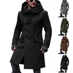 Men Hooded Wool Blends Trench Coat Double Breasted Mid Length Overcoat Work Casual Thick Warm Jacket Pockets Autumn Winter 2026
