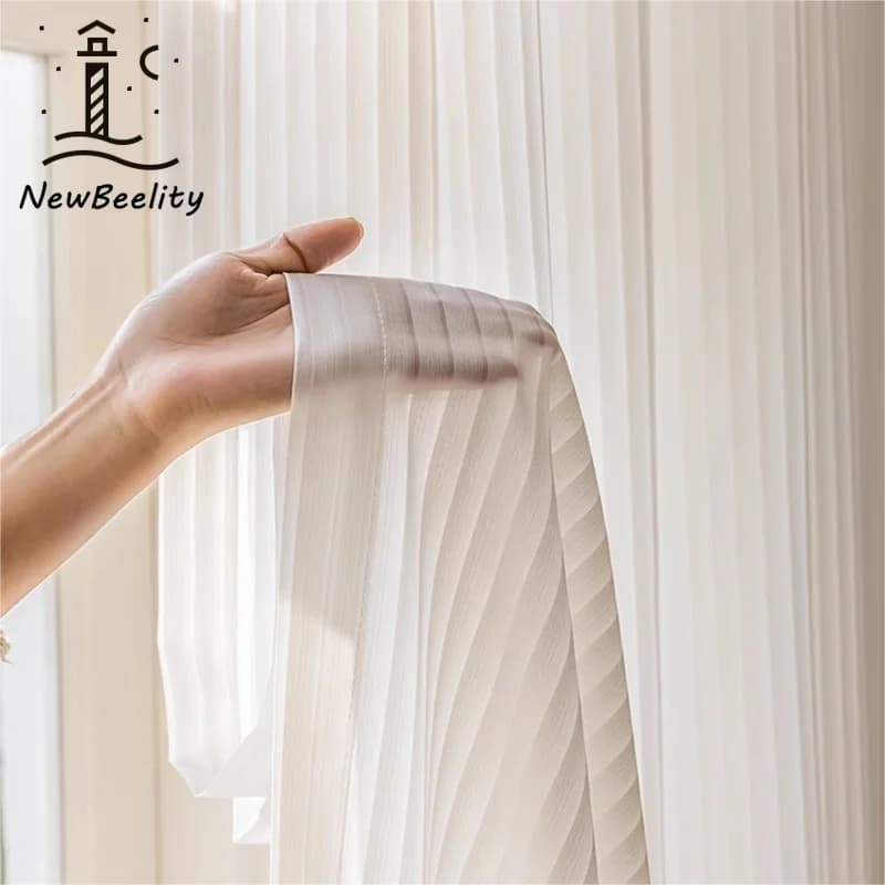 1PC Japanese Simple White Striped Tulle Window Chiffon Sheer Curtains for Living Room Bedroom Dining Luxury Decor Drapes 창문커텐