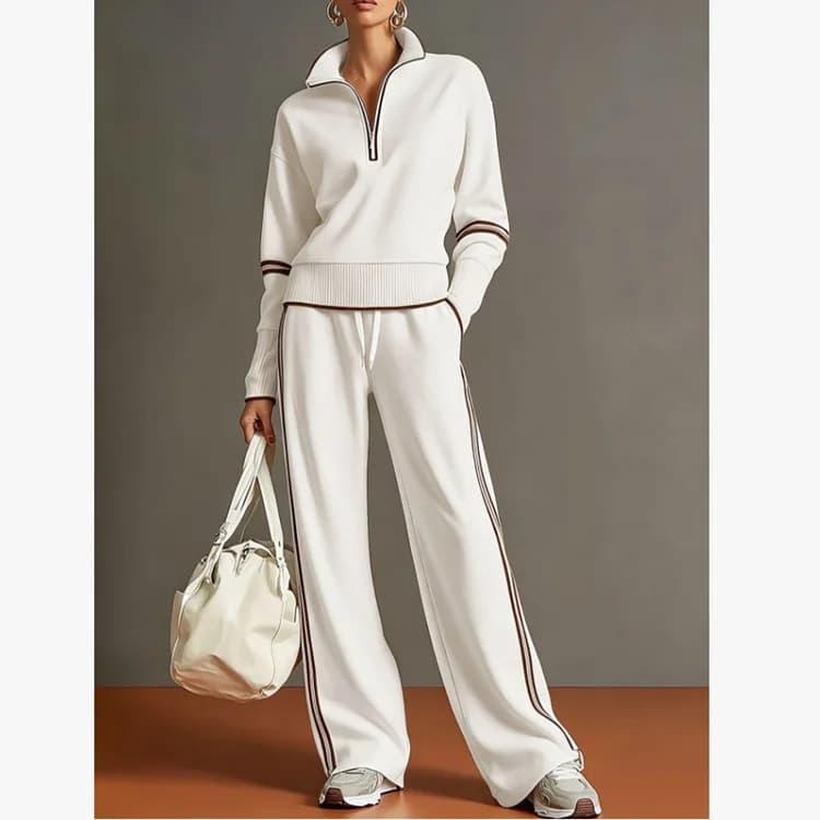 Women Quarter Zip Sweatshirt Wide Leg Pants Set Striped Trim Casual Loungewear 2 Piece Outfit for Everyday Wear and Relaxed Days