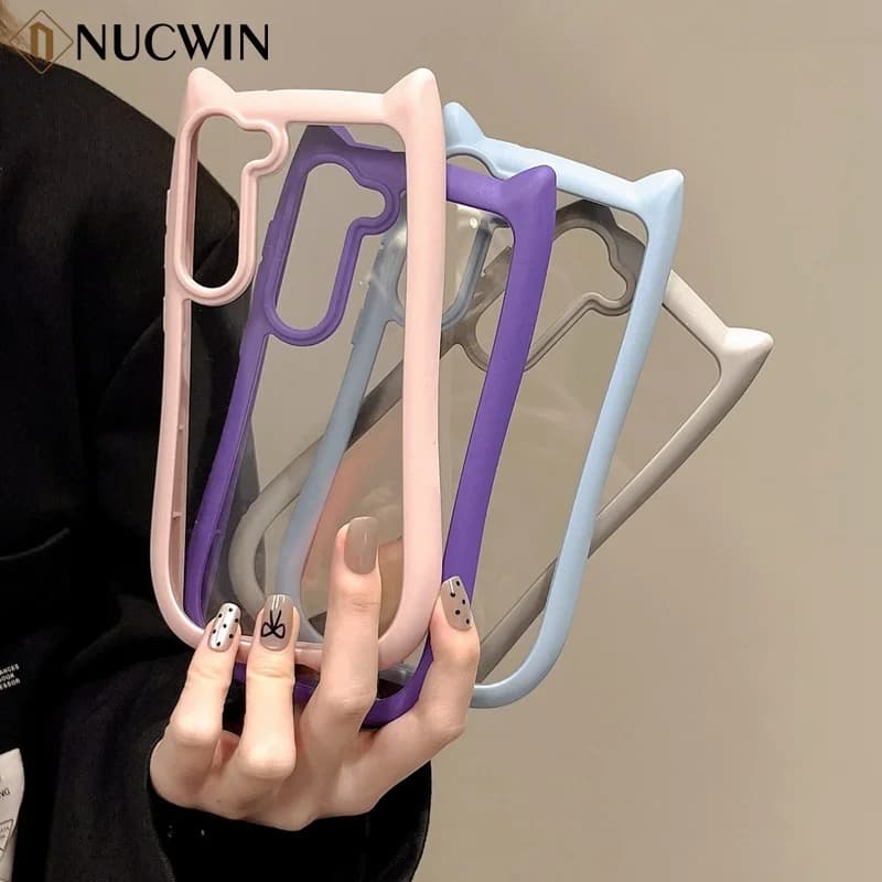 Cute Cat Ear Transparent Case For Samsung Galaxy S26 Ultra S26 S25 S24 S23 Plus S26 EDGE Soft Border Shockproof Cover S26
