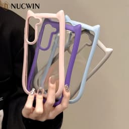 Cute Cat Ear Transparent Case For Samsung Galaxy S26 Ultra S26 S25 S24 S23 Plus S26 EDGE Soft Border Shockproof Cover S26