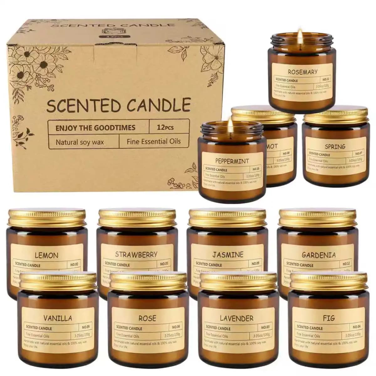 12 Scented Candles (6.4 cm × 6 cm) - 3.5 oz Scented Candles. A Delicate Gift Box Set, Made with Soy Wax and Essential Oils. It Is an Ideal Gift for Women, Teachers, Mothers, Family Members, Friends and Colleagues During Halloween and Christmas.