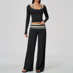 Striped Yoga Set Fitness Suit Gym Clothing Workout Tracksuit Women Sportswear 2 Piece Halter Long Sleeve Active Outfits Training