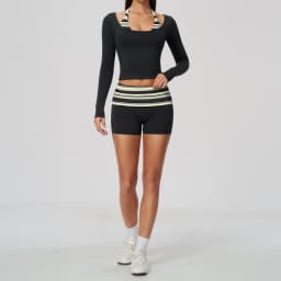 Striped Yoga Set Fitness Suit Gym Clothing Workout Tracksuit Women Sportswear 2 Piece Halter Long Sleeve Active Outfits Training