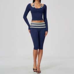 Striped Yoga Set Fitness Suit Gym Clothing Workout Tracksuit Women Sportswear 2 Piece Halter Long Sleeve Active Outfits Training