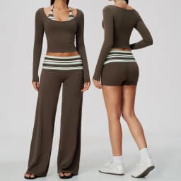 Striped Yoga Set Fitness Suit Gym Clothing Workout Tracksuit Women Sportswear 2 Piece Halter Long Sleeve Active Outfits Training