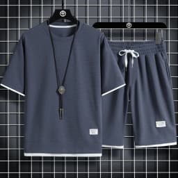 2024 Men's high qualityNew Summer Round Neck Short Sleeve Men Casual Sports Set Loose T-shirt Shorts Waffle Style Clothing