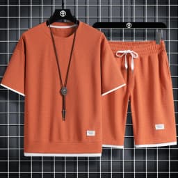 2024 Men's high qualityNew Summer Round Neck Short Sleeve Men Casual Sports Set Loose T-shirt Shorts Waffle Style Clothing