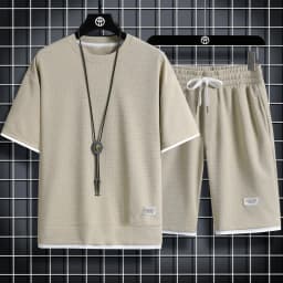 2024 Men's high qualityNew Summer Round Neck Short Sleeve Men Casual Sports Set Loose T-shirt Shorts Waffle Style Clothing