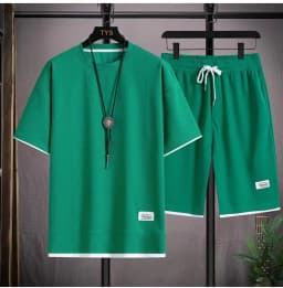 2024 Men's high qualityNew Summer Round Neck Short Sleeve Men Casual Sports Set Loose T-shirt Shorts Waffle Style Clothing