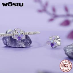 WOSTU 925 Sterling Silver Mystic Butterfly Charm Purple Iris Flower Beads Crystal Pendant Fit DIY Bracelet Necklace Party Gift