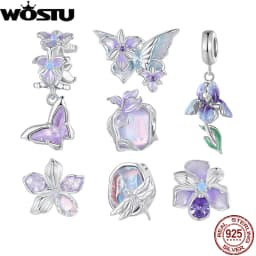 WOSTU 925 Sterling Silver Mystic Butterfly Charm Purple Iris Flower Beads Crystal Pendant Fit DIY Bracelet Necklace Party Gift