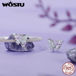 WOSTU 925 Sterling Silver Mystic Butterfly Charm Purple Iris Flower Beads Crystal Pendant Fit DIY Bracelet Necklace Party Gift