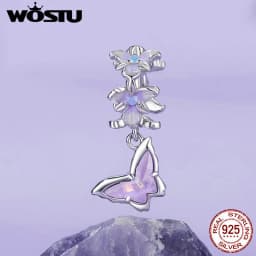 WOSTU 925 Sterling Silver Mystic Butterfly Charm Purple Iris Flower Beads Crystal Pendant Fit DIY Bracelet Necklace Party Gift