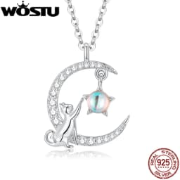 WOSTU 925 Sterling Silver Cute Cat Moon Pendant Necklace For Women, reamy Moonstone Zircon Charm Necklaces Special Gift For Her