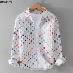 2026 New Men's Plaid Contrasting Color Hole Shirt Coats Vintage 100% Cotton Long-sleeved Loose Casual Blouse Fashion Men Clothes