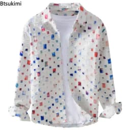 2026 New Men's Plaid Contrasting Color Hole Shirt Coats Vintage 100% Cotton Long-sleeved Loose Casual Blouse Fashion Men Clothes
