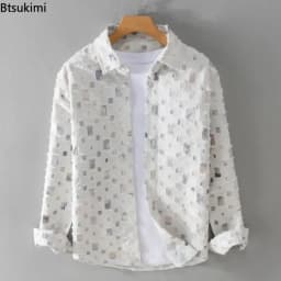 2026 New Men's Plaid Contrasting Color Hole Shirt Coats Vintage 100% Cotton Long-sleeved Loose Casual Blouse Fashion Men Clothes