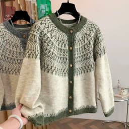 Fair-Isle Retro Jacquard Knitted Cardigan Women Autumn Winter Loose Long Sleeve O-neck Sweater Vintage Color Blocking Knit Coat