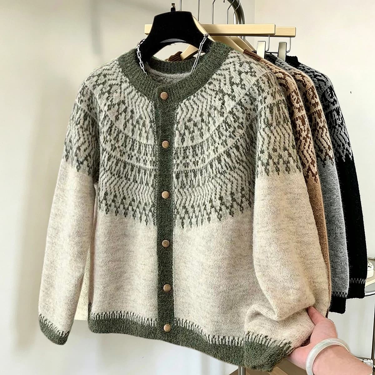 Fair-Isle Retro Jacquard Knitted Cardigan Women Autumn Winter Loose Long Sleeve O-neck Sweater Vintage Color Blocking Knit Coat