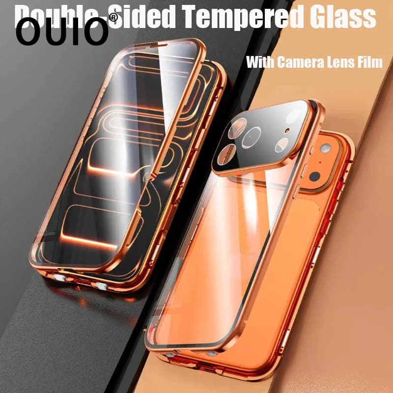 OUIO 360 ° Full Protection Metal Magnetic Double-Sided Glass Snap Lock Phone Case For IPhone 17 Pro Max 17 Air Pro Bumper Cover