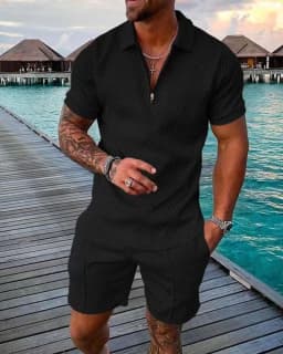 Men's Fashion Casual Light Luxury Striped POLO Shirt Set Summer Lapel Short-Sleeved Pullover Sports Trend Slim-Fit Men's T-Shirt