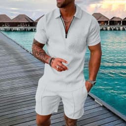 Men's Fashion Casual Light Luxury Striped POLO Shirt Set Summer Lapel Short-Sleeved Pullover Sports Trend Slim-Fit Men's T-Shirt