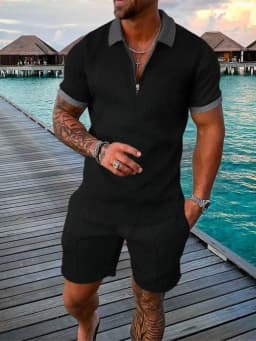 Men's Fashion Casual Light Luxury Striped POLO Shirt Set Summer Lapel Short-Sleeved Pullover Sports Trend Slim-Fit Men's T-Shirt