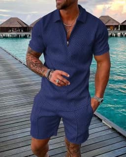 Men's Fashion Casual Light Luxury Striped POLO Shirt Set Summer Lapel Short-Sleeved Pullover Sports Trend Slim-Fit Men's T-Shirt