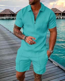 Men's Fashion Casual Light Luxury Striped POLO Shirt Set Summer Lapel Short-Sleeved Pullover Sports Trend Slim-Fit Men's T-Shirt