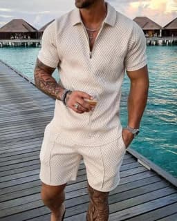 Men's Fashion Casual Light Luxury Striped POLO Shirt Set Summer Lapel Short-Sleeved Pullover Sports Trend Slim-Fit Men's T-Shirt