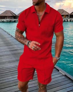 Men's Fashion Casual Light Luxury Striped POLO Shirt Set Summer Lapel Short-Sleeved Pullover Sports Trend Slim-Fit Men's T-Shirt