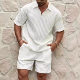 2025 Summer Men's Set New Fashionable Style Simple Waffle Color Solid Color Collar Polo Shirt Short Sleeve Shorts Sports Set