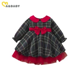 Ma&Baby 1-7Y 2024 Christmas Girls Red Dress Kid Toddler Girl Plaid Bow Tulle Tutu Party Dresses Children New Year Xmas Costumes