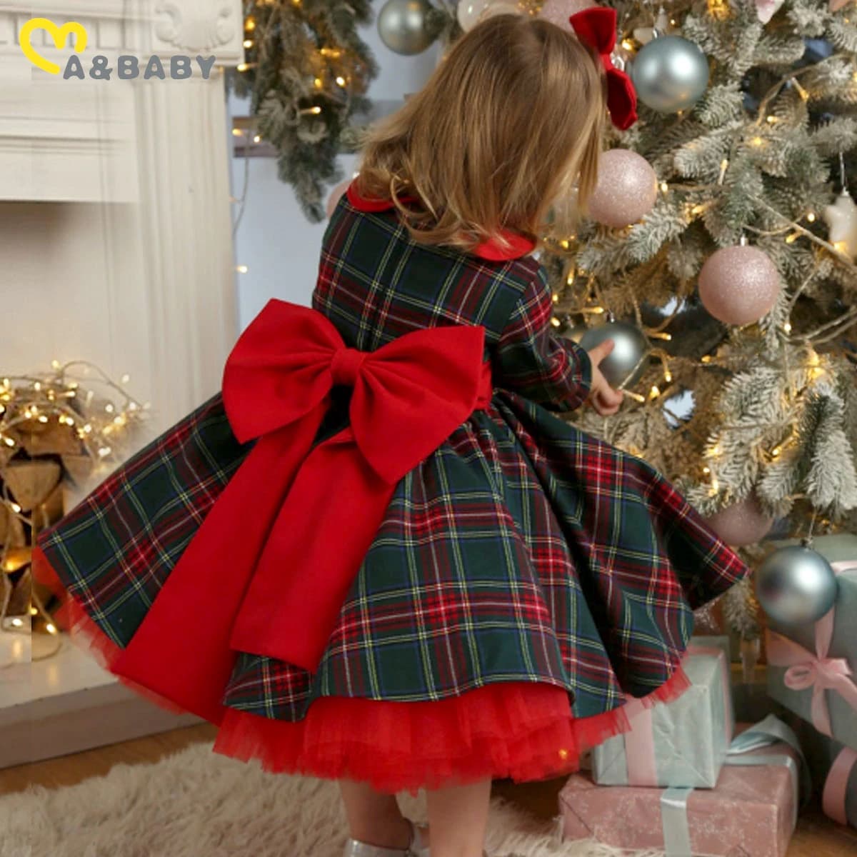 Ma&Baby 1-7Y 2024 Christmas Girls Red Dress Kid Toddler Girl Plaid Bow Tulle Tutu Party Dresses Children New Year Xmas Costumes
