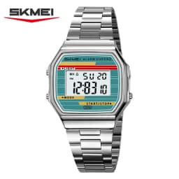 SKMEI 2514 New Men's Digital Watch Retro Square Gold Case Stainless Steel Strap Stopwatch Alarm Clock Classic Watch Reloj Hombre