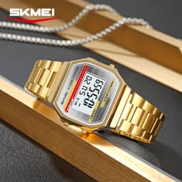 SKMEI 2514 New Men's Digital Watch Retro Square Gold Case Stainless Steel Strap Stopwatch Alarm Clock Classic Watch Reloj Hombre