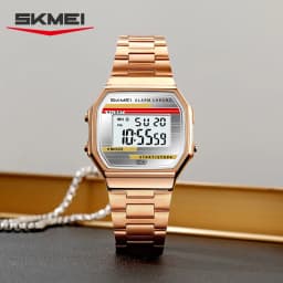 SKMEI 2514 New Men's Digital Watch Retro Square Gold Case Stainless Steel Strap Stopwatch Alarm Clock Classic Watch Reloj Hombre