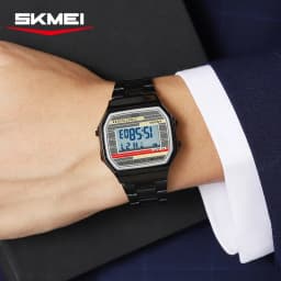 SKMEI 2514 New Men's Digital Watch Retro Square Gold Case Stainless Steel Strap Stopwatch Alarm Clock Classic Watch Reloj Hombre