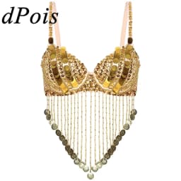 Womens Tassels Belly Dance Costume Shiny Beaded Underwired Bra Sequins Music Festival Party Tops Rave Party Halloween Costumes