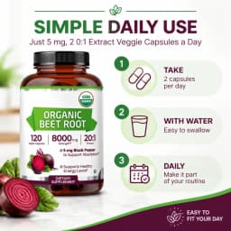 Organic Beet Root - Supports Cardiovascular Health & Healthy Blood Flow - 8000mg with Black Pepper 20:1 High Potency - 120 Ct