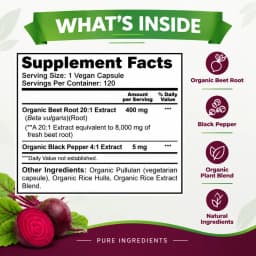 Organic Beet Root - Supports Cardiovascular Health & Healthy Blood Flow - 8000mg with Black Pepper 20:1 High Potency - 120 Ct