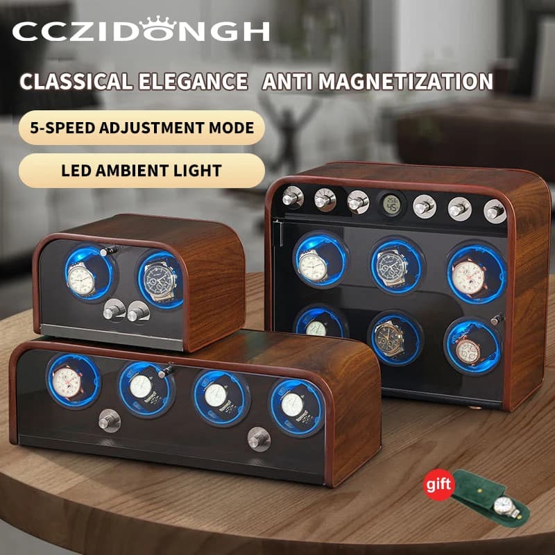 CCZIDONGH Automatic Watch Winder Retro Wooden Texture Blue LED Light Mute Motor Shaker Automatic Watch Box