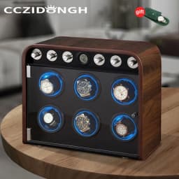CCZIDONGH Automatic Watch Winder Retro Wooden Texture Blue LED Light Mute Motor Shaker Automatic Watch Box