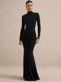 Mozision High Neck Long Sleeve Mermaid Maxi Dress Women Slim Ruched Waist Bodycon Floor Length Evening Party Formal Dress