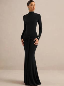 Mozision High Neck Long Sleeve Mermaid Maxi Dress Women Slim Ruched Waist Bodycon Floor Length Evening Party Formal Dress